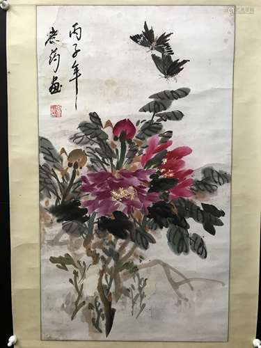 唐雲  花卉蝴蝶 纸本立轴