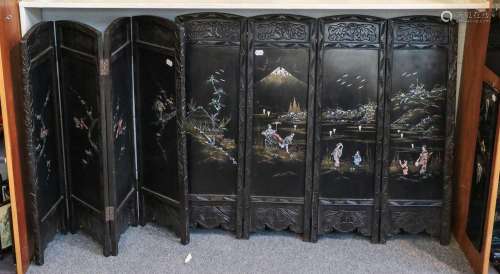 Two Japanese 20th century four panelled screens inlaid with ...