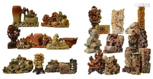 A collection of 20th century Oriental carved soapstone vases...