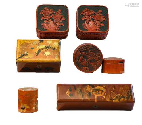 Three Oriental cinnabar lacquer boxes, and four other Japane...