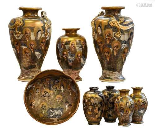 A group of early 20th century Japanese satsuma vases and a b...