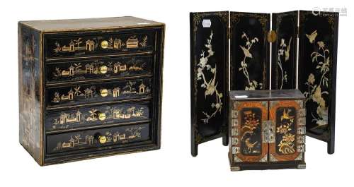 A Japanese lacquer and gilt miniature chest of five drawers,...