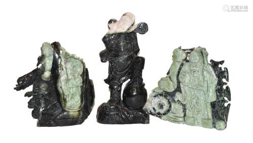 Three 20th century Oriental green hardstone carvings, two de...