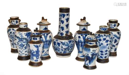 A good collection of twelve Chinese crackle glazed blue and ...