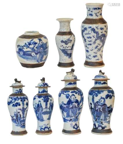 Seven various 20th century Chinese crackle glazed blue and w...