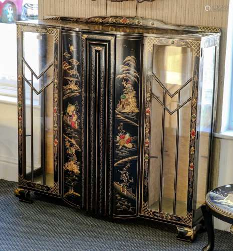 A 1920s Japanned display case, 120cm by 33cm by 120cm