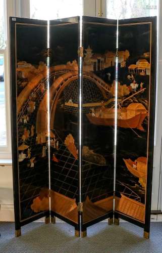 A modern Chinese lacquered four-fold screen depicting estate...