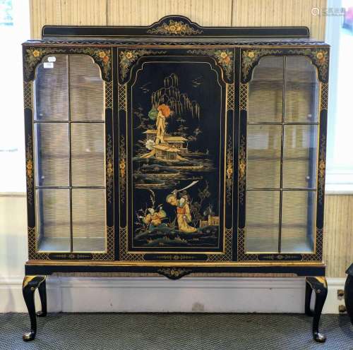 A 1920s Japanned display cabinet, 123cm by 33cm by 136cm