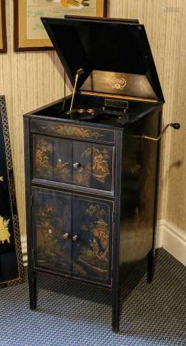 A 1920s Japanned gramophone cabinet for a Columbia Grafonola...
