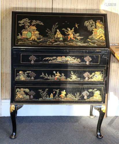 An early 20th century Japanned bureau decorated with scenes ...