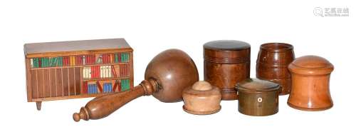 A collection of treen boxes, to include: two string dispense...