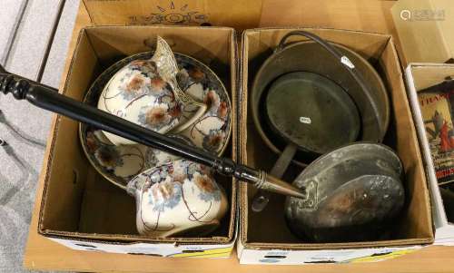 A Victorian porcelain wash set, brass jam pan, copper pan, a...
