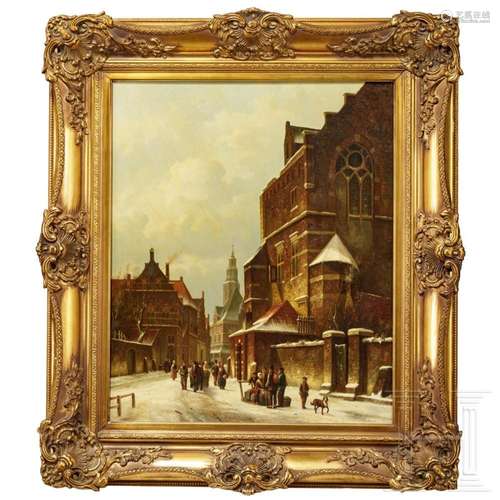 A winterly street scene in front of a church, 19th century