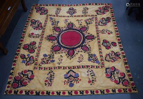 A RARE 19TH CENTURY SUZANI GULKURPA FLOWER CLOTH TYPE EMBROI...