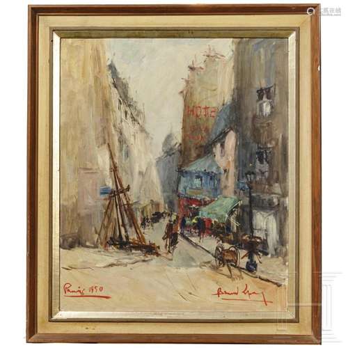 A French painting of a street scene in Paris, dated 1950