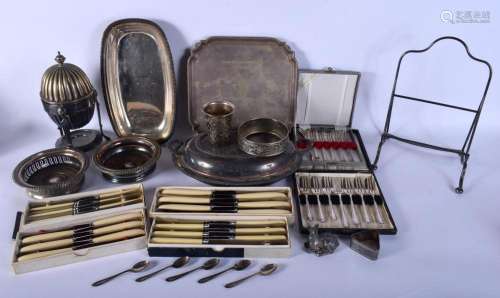 A BOX OF SILVER PLATED WARES including a salver and other it...