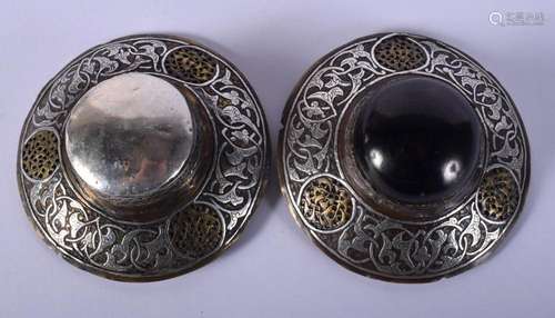 A PAIR OF 19TH CENTURY MIDDLE EASTERN SILVER INLAID BROOCHES...