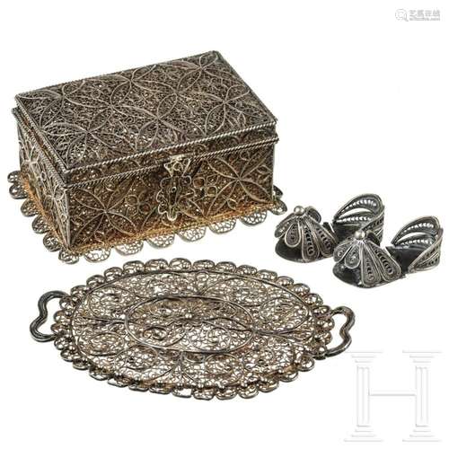 Three Portuguese or colonial Portuguese filigree objects, 19...