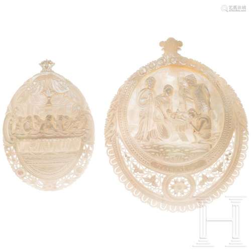 Two mother-of-pearl icons showing the Nativity of Christ and...