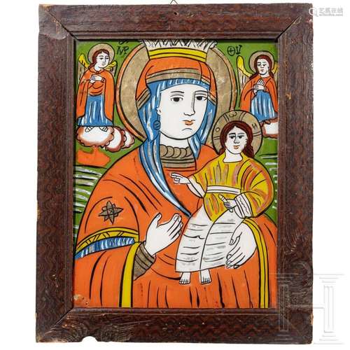 A Balkan reverse glass painting of the Mother of Christ, 19t...