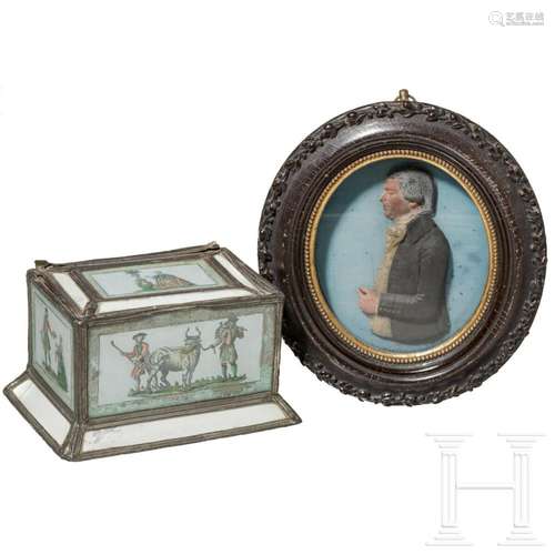 A German wax portrait and glass box, 18th century