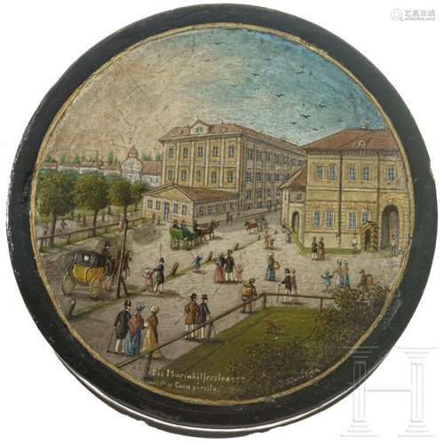 A signed papier maché and lacquer box with view of Mariahilf...