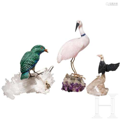 Three German birdscultures made of semi-precious stones, 20t...