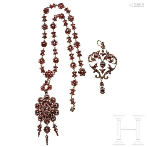 A Bohemian garnet necklace and a gold and garnet pendant, ci...