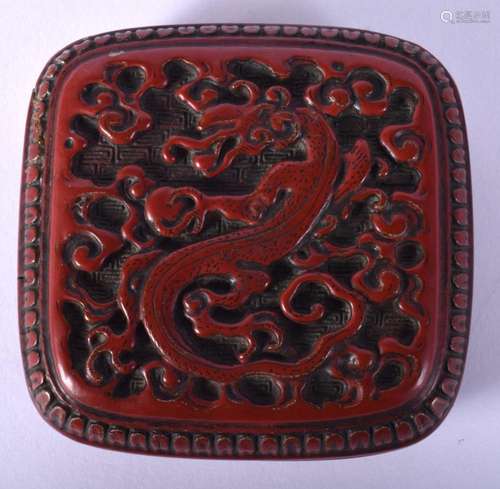 A 19TH CENTURY CHINESE CARVED RED LACQUER SQUARE BOX AND COV...