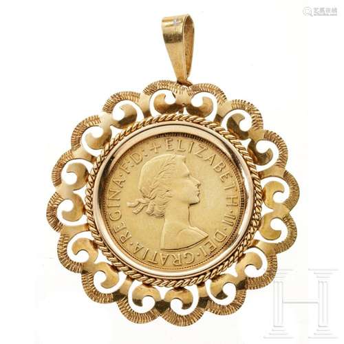 A gold pendant with gold coin showing Elizabeth II, dated 19...