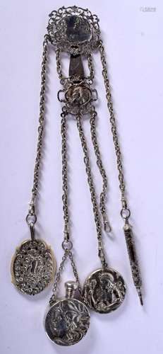 A VINTAGE SILVER PLATED LADIES CHATELAINE. 157 grams. 32 cm ...