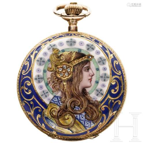 A tiny French gold and enamel pocket watch with Art Nouveau ...