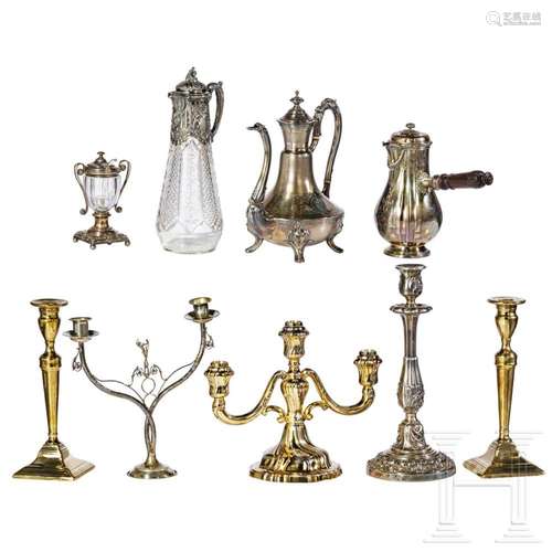 Five candlesticks, two pots, a carafe and a honey pot, 19th/...