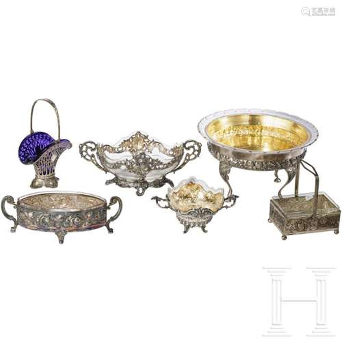 Six glass bowls with silver/silver-plated sockets, early 20t...