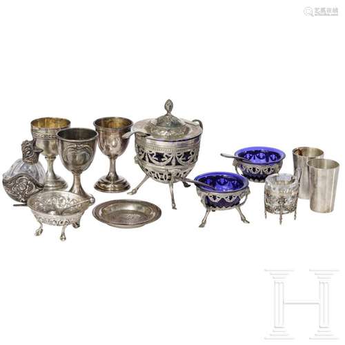 Five German silver spice bowls, three eggcups and two schnap...