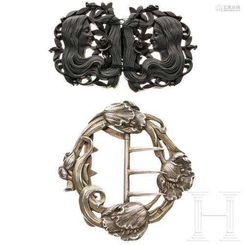 A silver and an ebony art-nouveau belt buckle, French (one),...