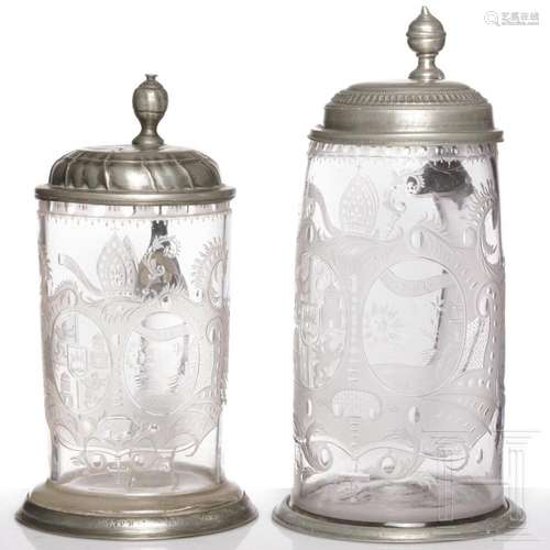 Two Saxon pewter-mounted glass tankards, dated 1794/18th cen...