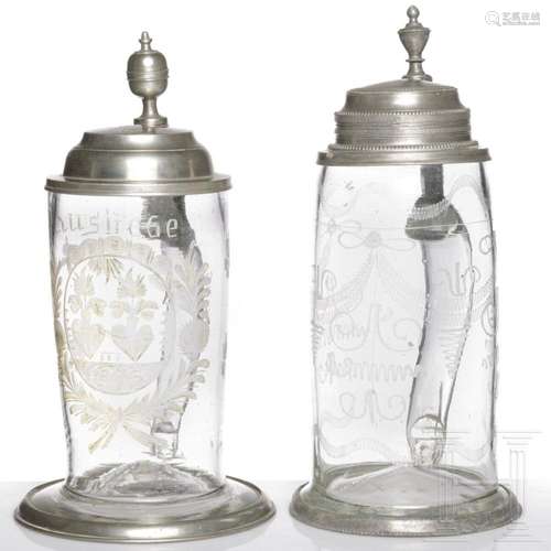 Two pewter-mounted glass tankards, one Christian August Lohn...