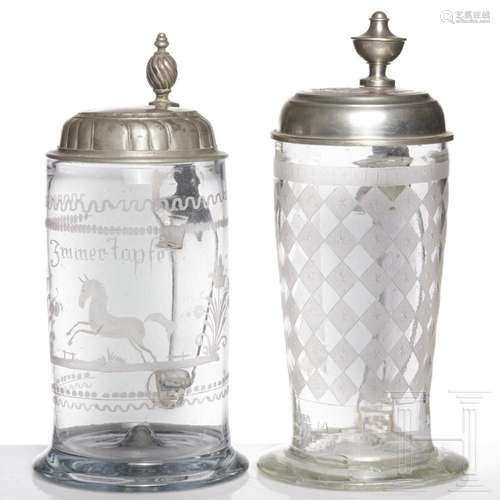 Two Saxon pewter-mounted glass tankards, one circa 1800, one...