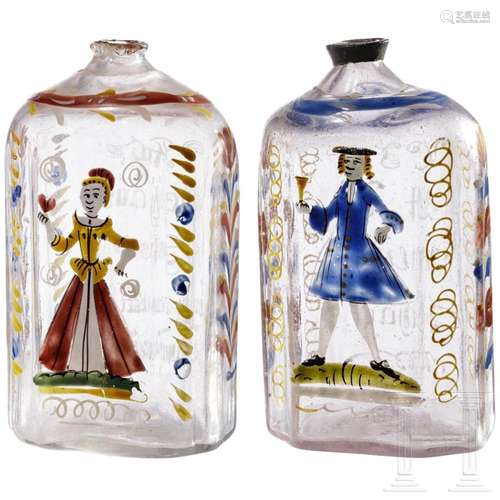 A pair of South German painted enamel glass bottles, circa 1...