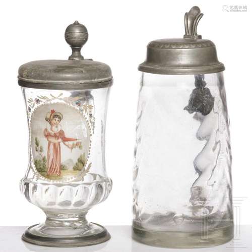 Two pewter-mounted glass tankards, one Joachim Daniel Gottes...