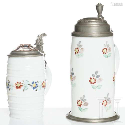 Two pewter-mounted milk glass jugs, early 19th century