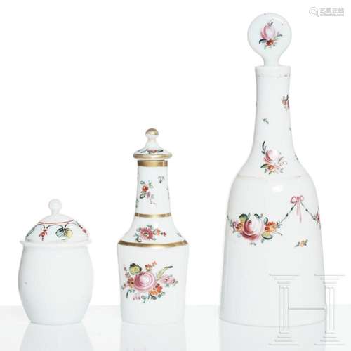 Two Bohemian milk glass decanters with stopper and one lidde...