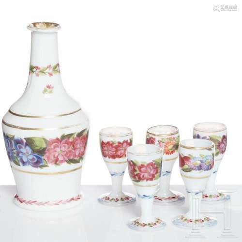 A Bohemian six-piece milk glass liqueur service, 19th centur...