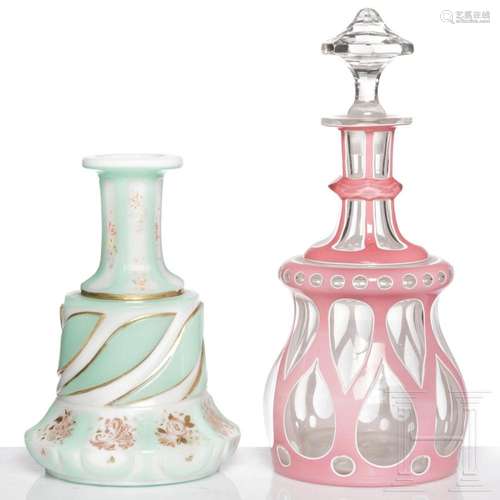 A Bohemian milk glass decanter and a beaker, 19th century