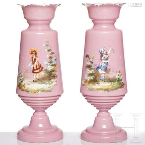 Two milk glass vases with pink overlay, Josephinenhütte, Szk...