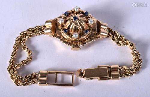 A VINTAGE 14CT GOLD PEARL AND SAPPHIRE COCKTAIL WRISTWATCH, ...