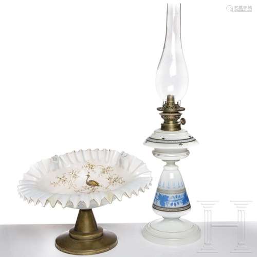 A Bohemian alabaster glass petrol lamp with bowl with metal ...