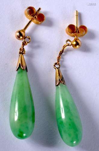 A PAIR OF EARLY 20TH CENTURY GOLD AND JADEITE EARRINGS. 5 gr...