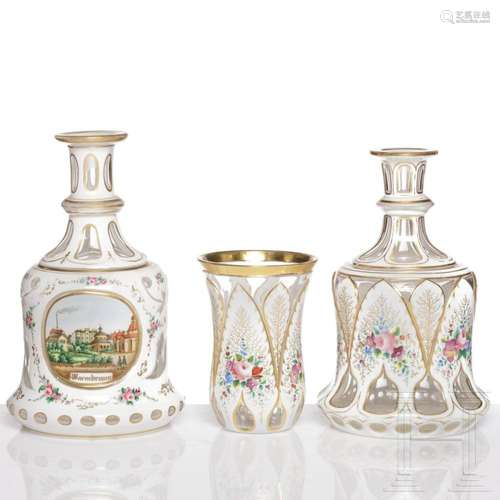 Two overlay glass night bottles and a beaker, Josephinenhütt...